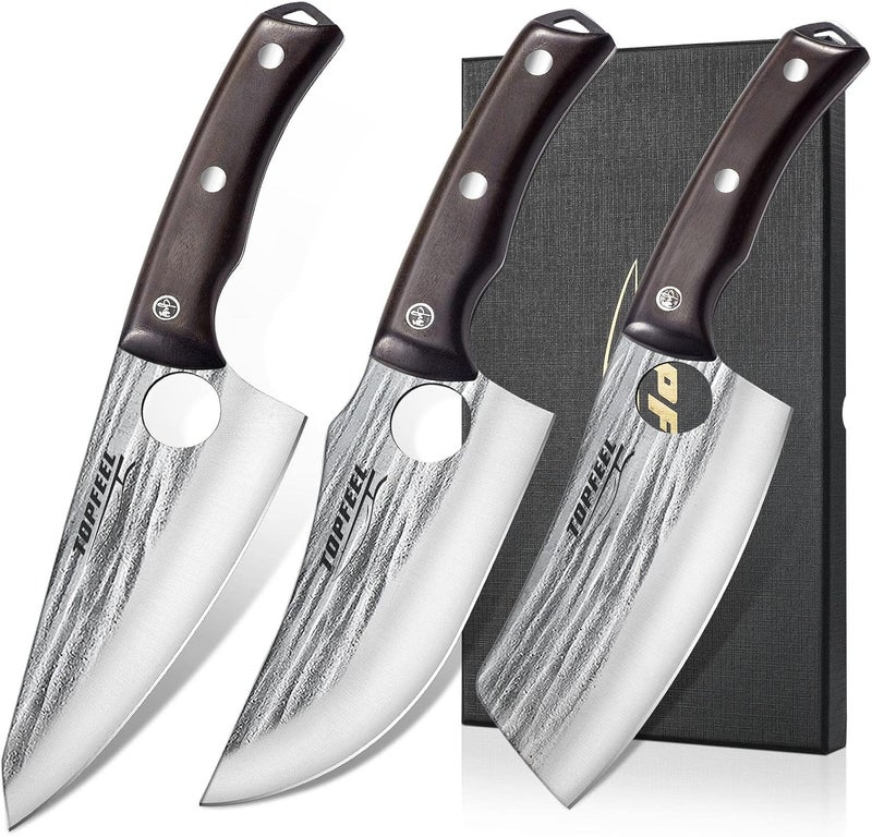 TopFeel 3PCS Butcher Knife Set Hand Forged chef knife Boning Knife, High Carbon Steel Meat Cutting Knives for Kitchen Camping BBQ… - Image 1